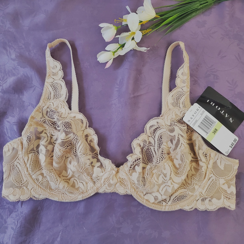 Natori Bliss Lace Full Fit Bra 36B NWT Beige Blush Underwire Unlined Sheer 72344